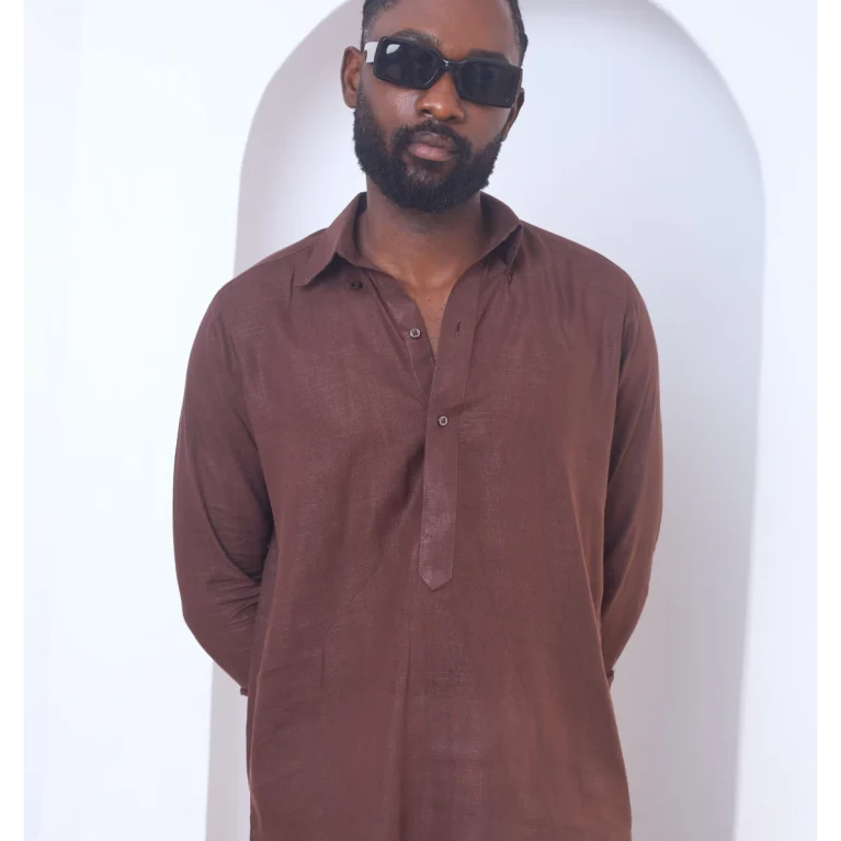 Chocolate Brown Pointed Collar Shirt and White Pant