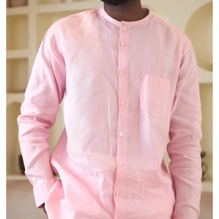 Pink Bishop Collar Shirt and White Pant